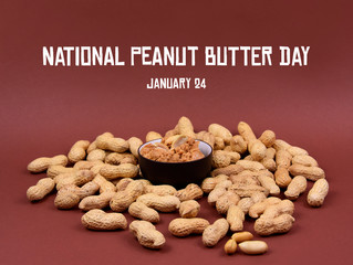 National Peanut Butter Day. Peanuts on a brown background stock images. Pile of peanuts with nutshell. Jar of peanut butter images. Roasted Peanuts on a brown background. American delicacy