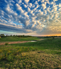 Obraz premium spring morning. Dawn in the valley of a picturesque river. colorful sky