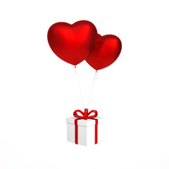 White gift box with heart shaped metallic red balloon floating on white background 3d rendering. 3d illustration sweet heart and Valentines Day greeting card template minimal concept.