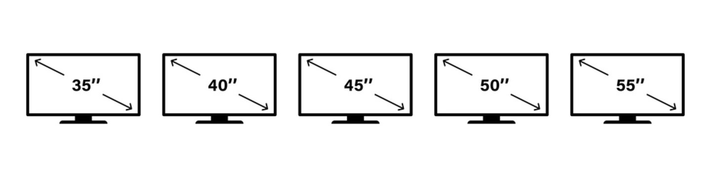 Smart TV vector icon. Set of diagonal sizes screen. Led television display. High resolution. Isolated vector. High quality.