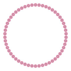 Round frame with positive pink flowers. Isolated wreath on white background for your design. Vector