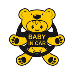 Vector graphics. Baby dressed as a teddy bear on the steering wheel. Isolated white background.