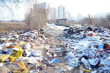 Winter landscape.Ecology of Ukraine. Nature near Ukrainian capital. Environmental contamination. Illegal junk dump.  Kiev,Ukraine