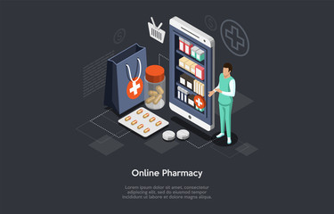 Isometric Online Pharmacy Store and Man Doctor pharmacist. Health Care, online ordering of medicines concept. Vector illustration