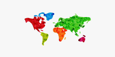 Hands of different colors over world map. Cultural and ethnic diversity. Vector illustration