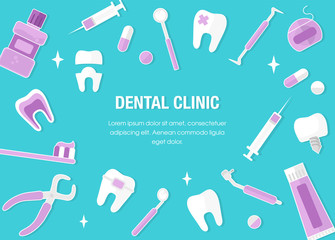 Healthcare And Medicine Concept. Dentistry Banner With Flat Icons on Blue Background. Dental Concept Frame. Healthy Clean Teeth. Dentist Tools and Equipment. Flat style. Vector illustration