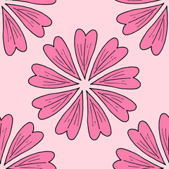 Seamless background with pink decorative flowers on light pink background. Endless pattern for your design. Vector.