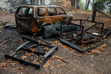 Australian bushfire aftermath: Burnt car and rubble at Blue Mountains, Australia