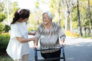 Asian senior woman use walking aid during rehabilitation,elderly people...