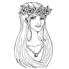 A beautiful girl with a flower wreath on her head and a necklace. Vector image