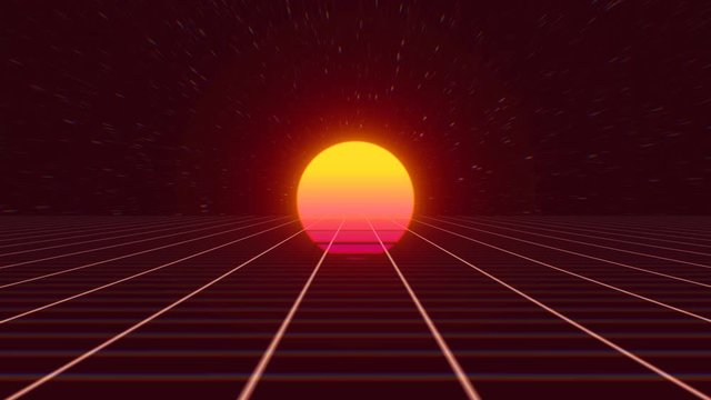Retro-futuristic 80s synthwave sun grid background. Seamless looped opener 4K animation.