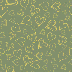 Hand drawn yellow tossed heart outlines pattern on a green background. A pretty vector seamless repeat pattern ideal for valentines fabric, scrap booking and stationery projects projects.