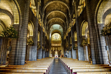 Inner panorama of St. Nicholas Cathedral, Principality Monaco. In it are buried former rulers of...