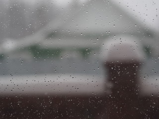 Winter. Blizzard outside the window. There is wet snow on the glass. On the window is a houseplant.