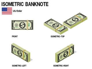 Set of Isometric USD banknote on white background
