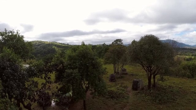 AERIAL Low to High Over Plain Of Jars, Xiangkhoang Plateau, Laos