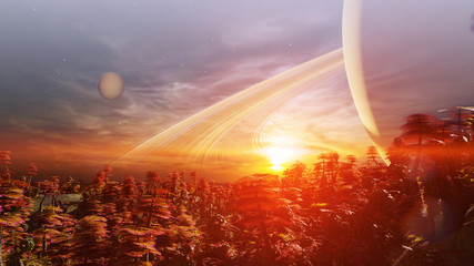 sunrise on an alien world, forest landscape on the surface of an exoplanet