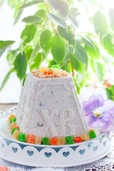 Traditional holiday cottage cheese dessert for Easter - Easter cottage cheese, selective focus