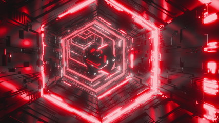 Abstract background of a specular gem flying through the bright red neon hexagon tunnel. Art, commercial and business concept. 3d rendering animation seamless 4K video.
