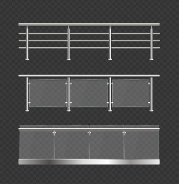 Realistic Detailed 3d Glass Balustrade With Metal Handrails Set. Vector