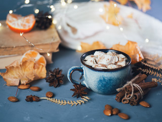 Hot winter or autumn drink coffee and marshmallows with cinnamon on the table with old books, warm scarf, garland on the background