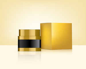 Jar Mock up Realistic Gold Cosmetic and Box for Skincare Product Background Illustration. Health Care and Medical Concept Design.