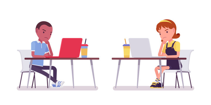 School boy and girl at desk working with computer. Cute small children on study, active young kids, smart elementary pupils aged between 7 and 9 years old. Vector flat style cartoon illustration
