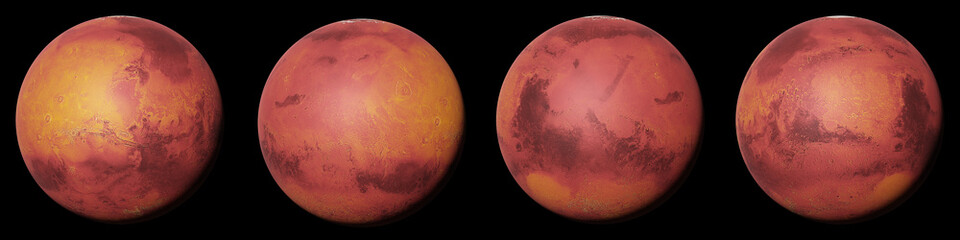 planet Mars, the red planet from all sides isolated on black background