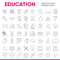 Fototapeta na wymiar Set of vector line icons and symbols in flat design education, school, university, science with elements for mobile concepts and web apps. Collection of line modern infographic logo and pictogram.