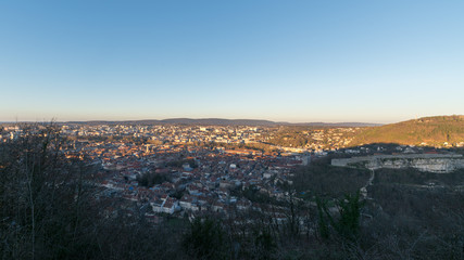 Aerial view of French town Besançon and Besançon castle at dusk