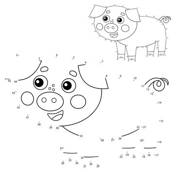 Educational Puzzle Game for kids: numbers game. Cartoon pig or swine. Farm animals. Coloring book for children.