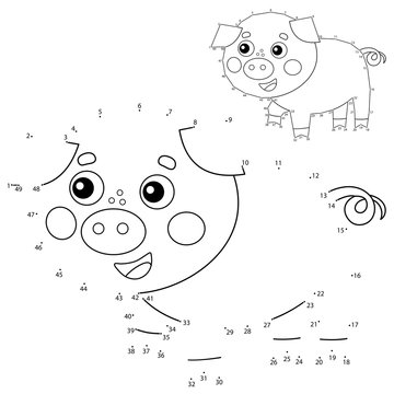 Educational Puzzle Game for kids: numbers game. Cartoon pig or swine. Farm animals. Coloring book for children.