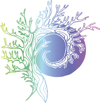 Neon illustration of a tree that spirals in the background of the sun or moon.