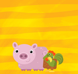 cartoon scene with farm animal pig on yellow stripes illustration for children
