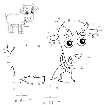 Educational Puzzle Game for kids: numbers game. Cartoon kid of goat with bell. Farm animals. Coloring book for children.