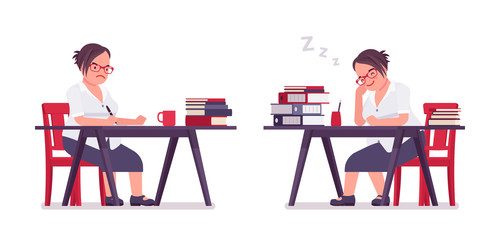 Fat female clerk working, sleeping at desk. Heavy middle aged business lady, office manager and civil service worker, typical employee in plus size formal wear. Vector flat style cartoon illustration