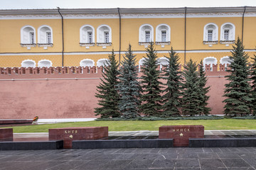 Alexander garden of Kremlin on Red Square on a cloudy overcast winter day.