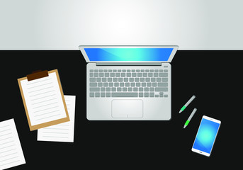 Laptop, notebook, dokumenty i smartfon na biurku - obrazy, fototapety, plakaty