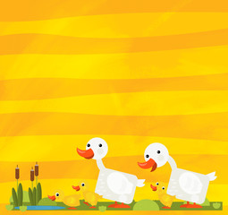 cartoon scene with farm animals family of goose on yellow stripes illustration for children