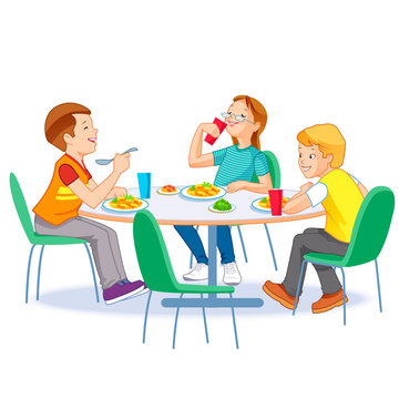 Happy kids having lunch by themselves. Two boys and girl eating lunch meals at table. Child nutrition concept.
