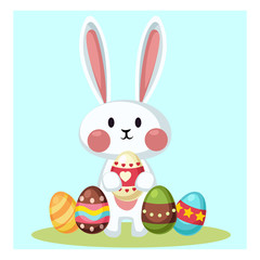 Cute Easter bunny with colorful Easter eggs. Happy Easter vector illustration. 