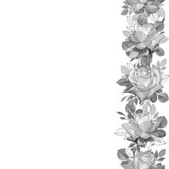 Monochrome vector vertical floral border with gray flowers roses and leaves on white. Hand drawn. Seamless brush for greeting cards, wedding invitation. Copy space. Vintage. Stock illustration.