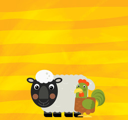 cartoon scene with farm animal sheep and rooster on yellow stripes illustration for children