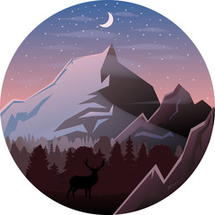 Obraz premium Mountain landscape. Colorful premium vector. Silhouette of a deer. Forest. Moon.