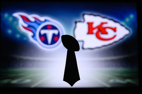 KANSAS CITY, MISSOURI, USA, JANUARY, 13. 2020: NFL Conference Final Championship, Kansas City Chiefs Vs. Tennessee Titans, American Football Match At Arrowhead Stadium. NFL Trophy Silhouette