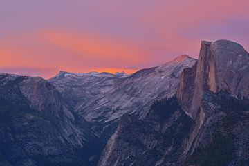 Landscape of Half Dome and the Sierra Nevada Mountains at twilight from Glacier Point, Yosemite National Park, California, USA