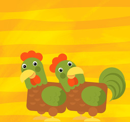 cartoon scene with farm animals chickens roosters on yellow stripes illustration for children