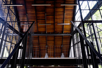 Interior decoration of Steel and wood structure cafe. Steel structure home.