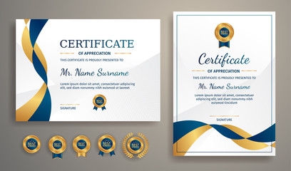 Blue and gold certificate of achievement template with gold badge and border - obrazy, fototapety, plakaty