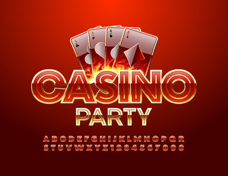 Vector Luxury Emblem Casino Party. Chic Red And Gold Alphabet Letters And Numbers. Unique Elite Font.